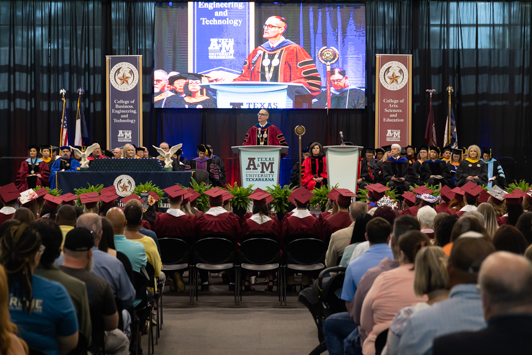 Photo: A&M-Texarkana President Dr. Ross Alexander speaks to graduates and their guests during the 101st commencement exercises at Texas A&M University-Texarkana. The ceremonies were held in the gymnasium of the Lois & Cary Patterson Student Center on the TAMUT campus.