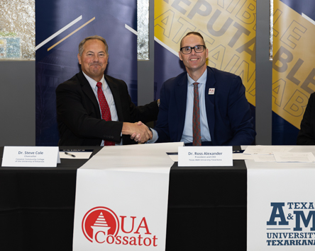 Photo: UA Cossatot Chancellor Dr. Steve Cole (left) and A&M-Texarkana sign a formal agreement building a pathway for UA Cossatot students with an AAS in Physical Therapy Assistant to complete A&M-Texarkana’s Bachelor of Science in Leadership degree.
